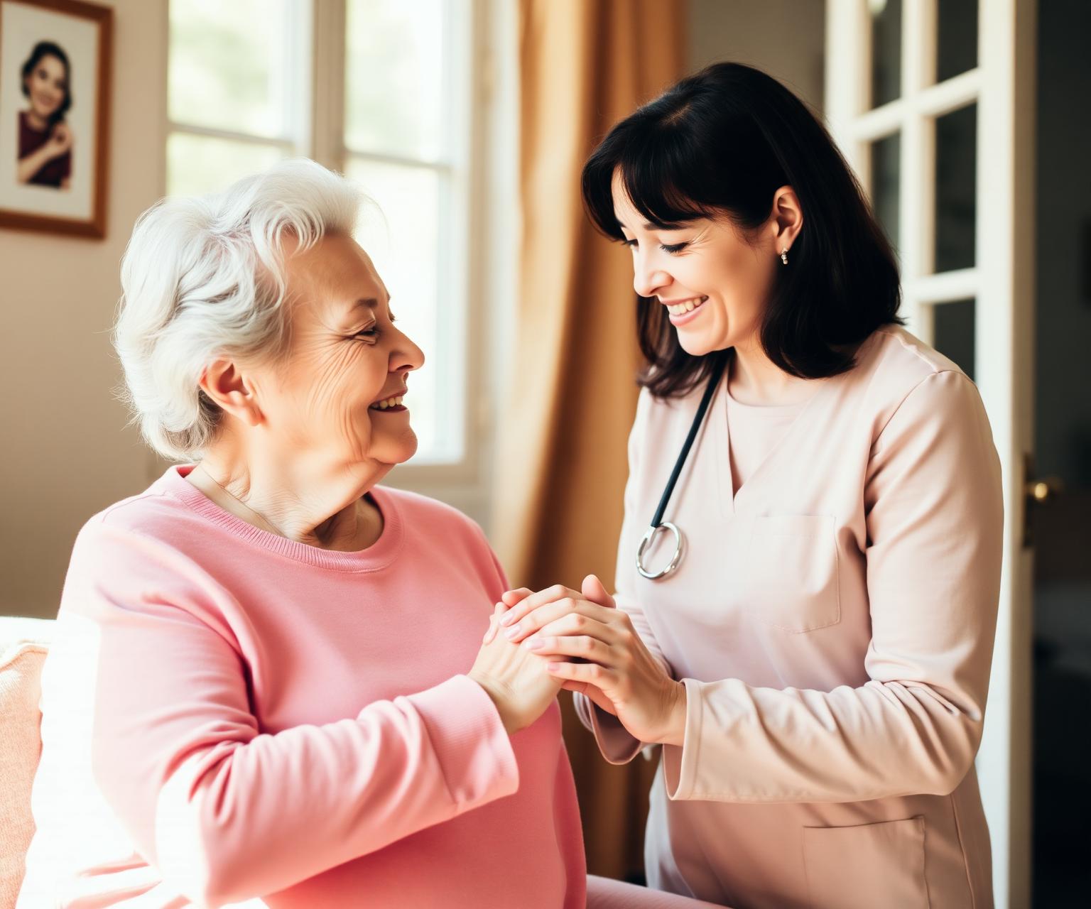 Annmaree, a caring support worker, holding hands with a smiling elderly woman in a sunlit room